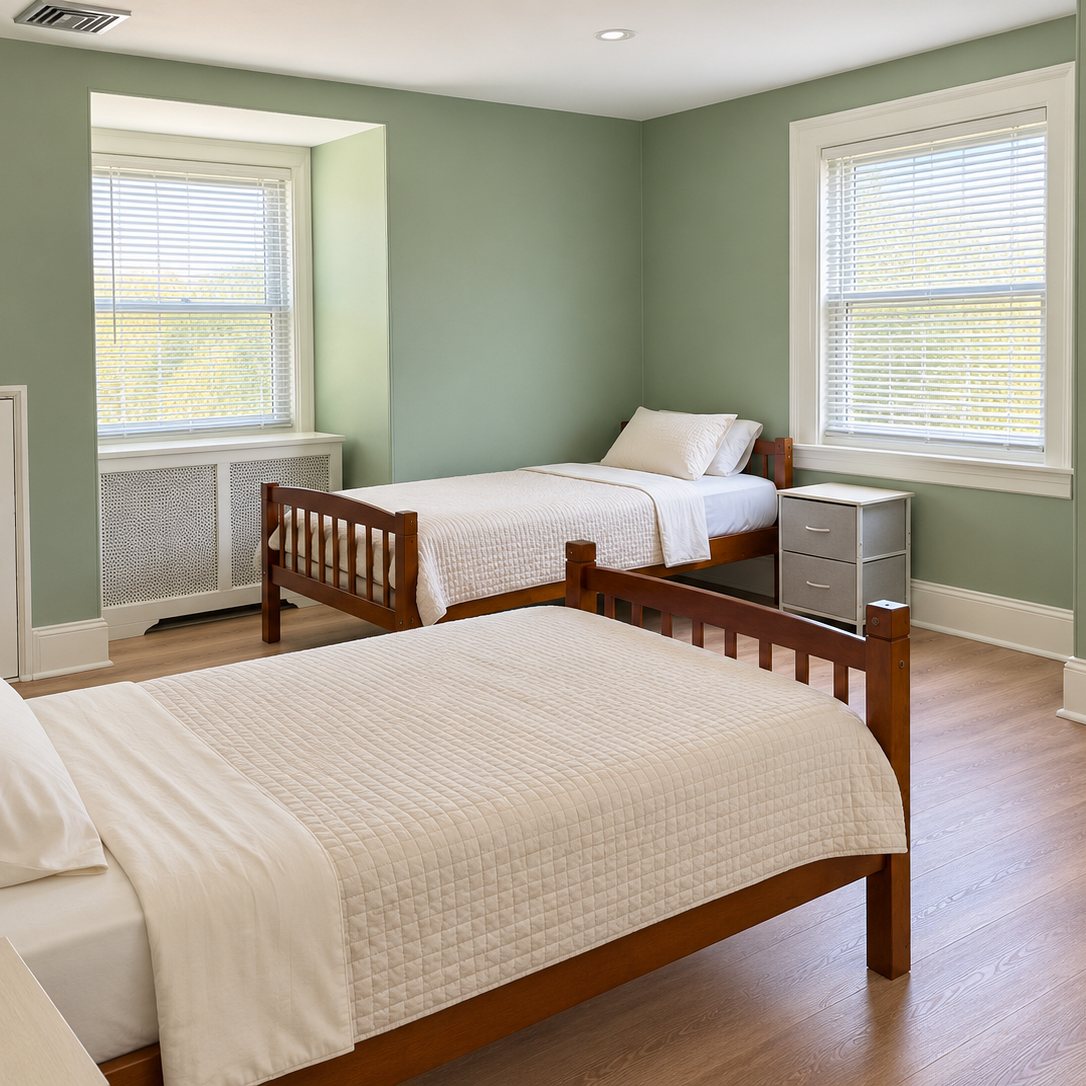 A shared bedroom in an Evo Living home: two twin beds, soft green walls, and two bright windows.