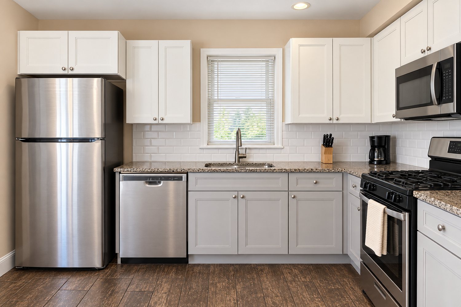 Kitchen in an Evo Living home: white cabinets, stainless appliances, and a gas range.